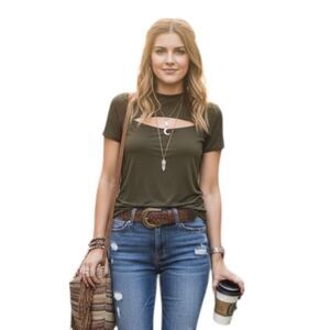 Elite Collection Shirt Womens Medium Green Mock Neck Cutout Stretch Tee Made USA